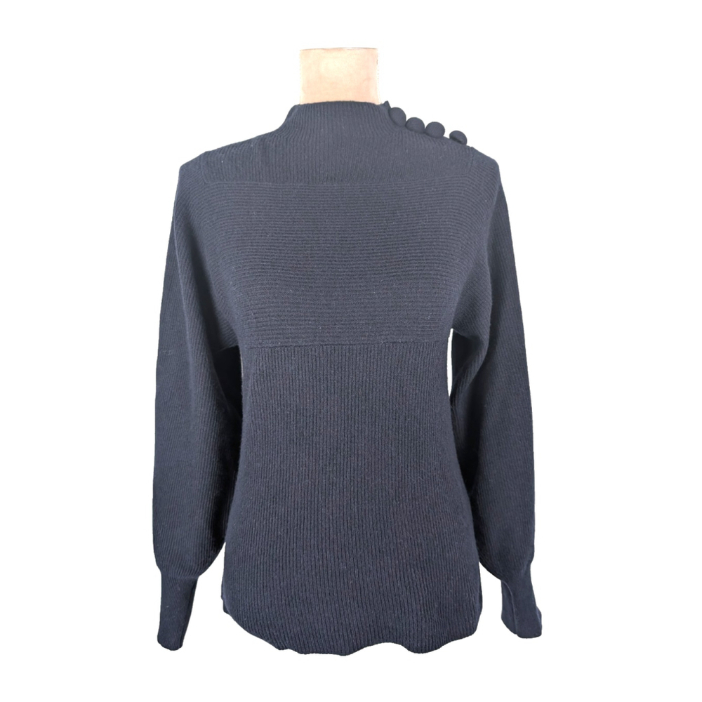 Rebecca Taylor Mock Neck Sweater Size XS Ribbed Navy Blue Merino Cashmere Preppy